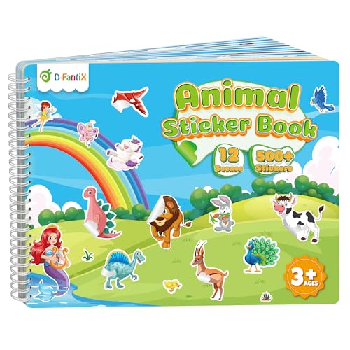 D-FantiX Animal Sticker Book for Kids, Dinosaur Unicorn Mermaid Farm 12 Scenes and 500+ Stickers, Toddler Airplane Travel Road Trip Essentials Activity Book, Arts & Crafts Gift for Ages 3-8