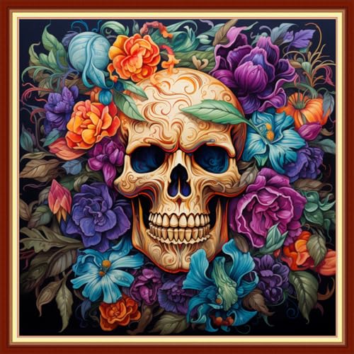 Image of Dimxvean Stamped Cross Stitch Kits,Cross Stitch Kits for Adults Beginners,Embroidery Kits Full Range of Cross Stitch Stamped Kits Needlepoint Kits Cross Stitch Patterns-Skeleton Flower 18x18 inch