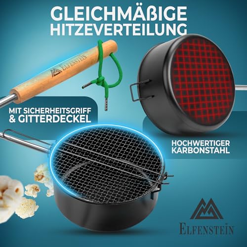 ELFENSTEIN Popcorn Maker Lagerfeuer aus hochwertigen Karbonstahl & Sicherheitsgriff, Outdoor Popcorn-Pfanne für Lagerfeuer, Grill und Feuerschale, Garten & Camping Zubehör für frisches Kino-Popcorn