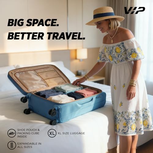 Image of VIP Grande 8 Wheel Check-in (Large Size) Soft Case Trolley Bag | TSA Lock | Expandable Polyester Luggage | 3 Year International Warranty | Anti-Theft Zipper | 81 CM Suitcase for Travel | Smoke Blue