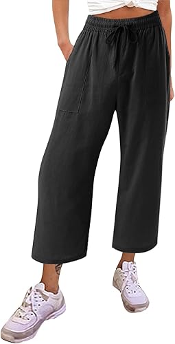 Pantalones de lino para mujer, estilo casual, de verano, cintura alta, pierna ancha, palazzo, pantalones holgados con bolsillos