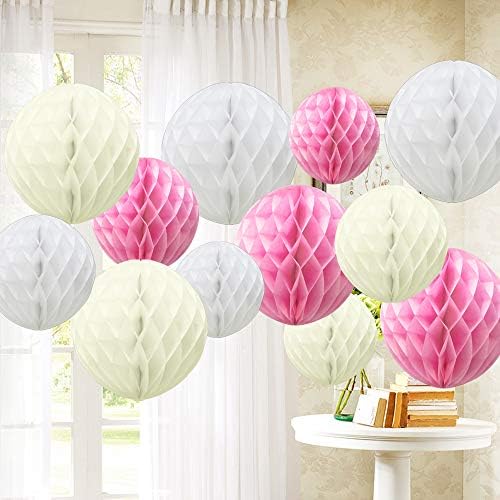 Time to Sparkle 12 Pack Tissue Paper Honeycomb Balls, Poms Birthday Baby Shower Wedding Decorations (White)