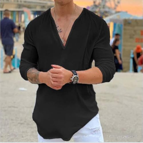 Rela Bota Mens Cotton Linen V-Neck Shirt Solid Hippie Shirts Yoga Henley Shirt Hawaiian Beach Wear Black L #TOP1
