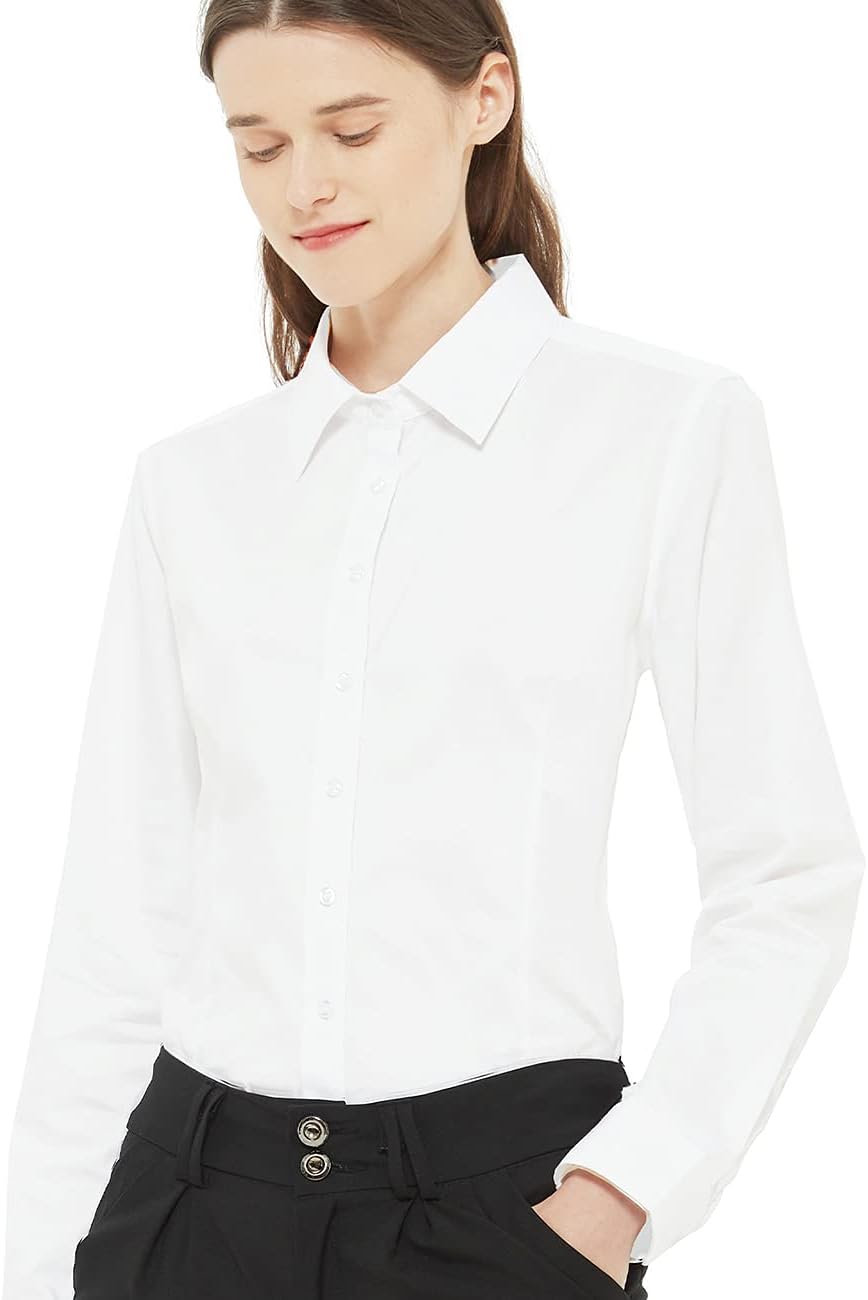 Women's Slim-Fit Button Down Shirts Stretchy Cotton Long Sleeve Work Blouse
