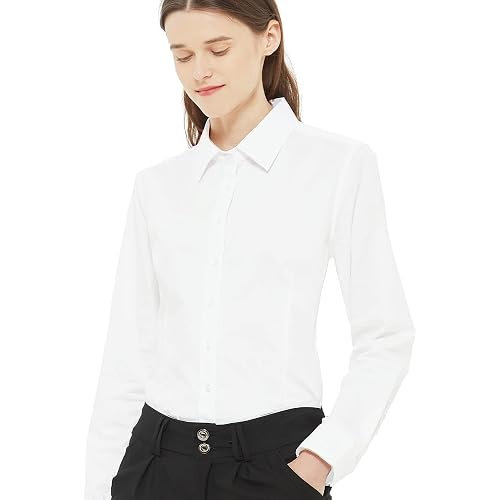 Women's Slim-Fit Button Down Shirts Stretchy Cotton Long Sleeve Work Blouse