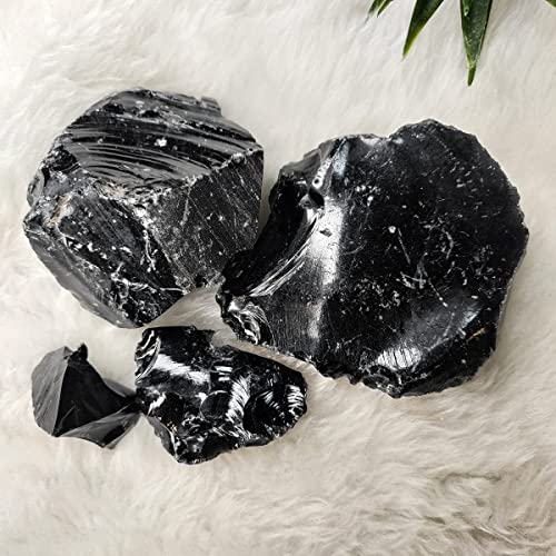 Image of Certified Black Obsidian Raw Stone 200 Gm (2-4 Pcs) Authenticity Certificate | Natural Healing Crystal Showpiece for Protection & Grounding | Decorative Crystals for Home Decor Living Room & Office