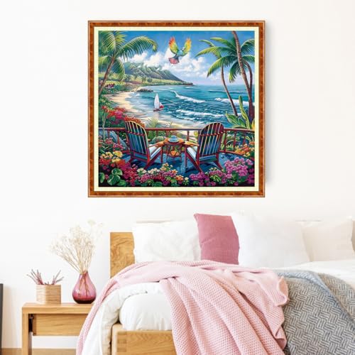 Image of Joyhoor Stamped Cross Stitch Kits for Beginners Needlepoint Kits for Adults Embroidery Kits 11CT Counted Cross Stitch Kits Printed Embroidery Pattern-Rest Drink Tea by Seaside 18x18 inch