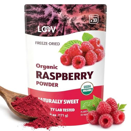 LOOV polvere biologica di lampone, prodotta con bacche di lampone intere al 100%, lamponi liofilizzati in polvere, 171 g, cruda, bacche europee, scorta per 24 giorni, senza zuccheri aggiunti