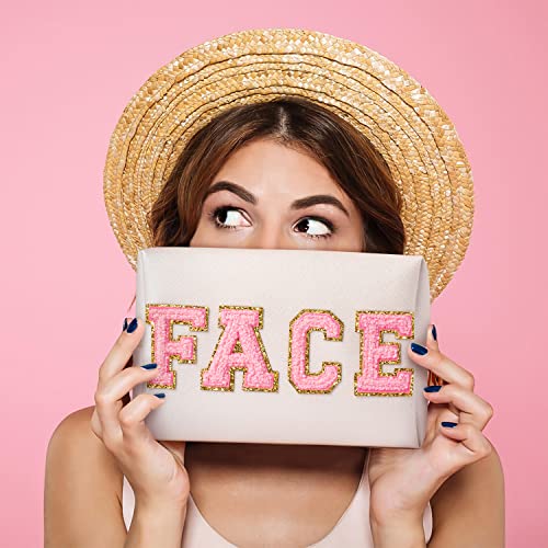 Y1Tvei Preppy Patch Face Letter Cosmetic Toiletry Bag Pu Leather Portable Makeup Bag Sewn With Chenille Varsity Letter Patches Waterproof Zipper Pouch Travel Organizer For Women Girls Teen(Shell Gold) #TOP4