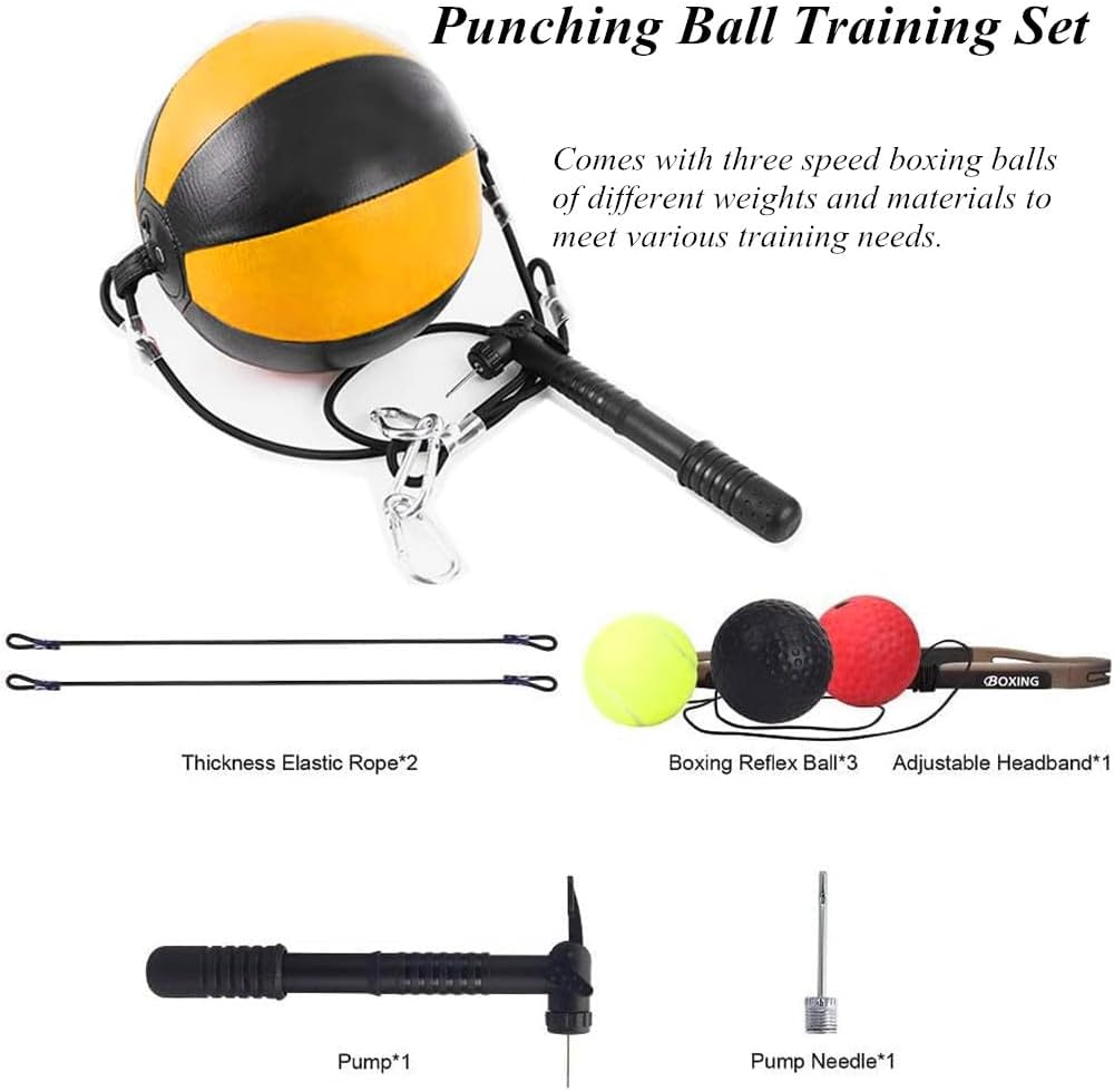 Double End Punching Bag Boxing Striking for Training - Speed Ended Set Includes 3 Reflex Ball Headband and Pump- Portable MMA
