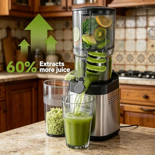 Image of Cold Press Juicer Machine, 5.4 inch Wide Self-Feeding Chute for Whole Fruits & Vegetables, Masticating Juice Extractor with Large Auger & Triple Strainers, High Juice Yield, Easy to Clean