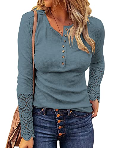 Kancystore Long Sleeve Tunic Tops for Teen Girls V-Neck Button Up Lace Sleeve Fitted Henley Shirts Blue S