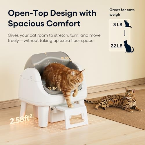 Image of PetPivot Open Top Self Cleaning Cat Litter Box, Automatic Litter Box with 7 Pairs of Safety Sensors, Anti-Pinch Protection and Easy Access Step for Senior Cats, White Grey