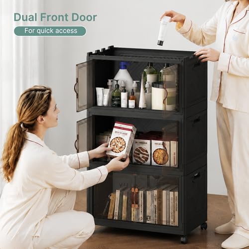 Image of UAMFURI 384QT Lockable Storage Bins with Lids - Stackable Storage Cabinet with Doors and Wheels, Collapsible Plastic Organizer and Containers for Closets, Office, 8 Pack Cubes