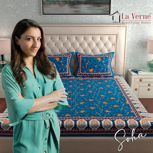 Image of LA VERNE 104 TC Cotton Double Bed Bedsheet Jaipuri Rajasthani Print Bedsheet with 2 Pillow Covers