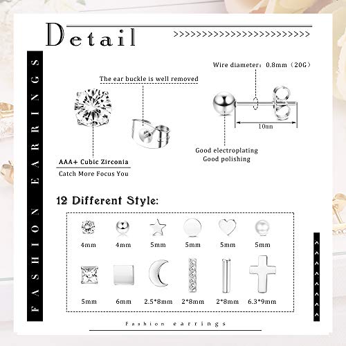 Loyallook 12 Pairs Stainless Steel Stud Earrings For Women Men Cz Bar Ball Star Moon Heart Pearl Cross Disc Square Stud Earrings Cute Tiny Cartilage Geometric Stud Earrings Set (Silver Tone) #TOP3