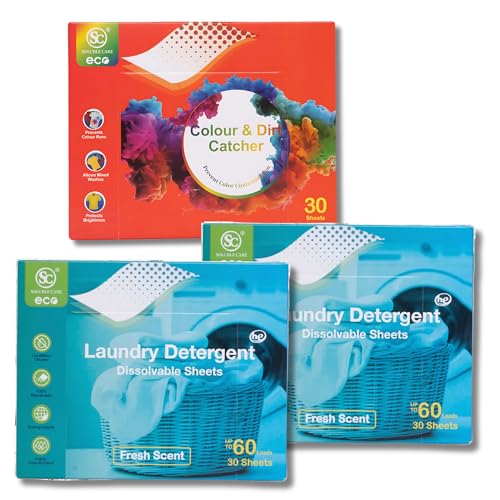Eco-Friendly Laundry Detergent 60 Sheets (Up to 120 Washes) with Colour & Dirt Catcher 30 Sheets, Enhances Laundry Efficiency, Protects Colours, Saves Time, Water and Electricity