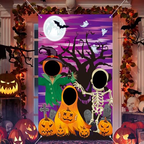 Halloween Door Decorations Backdrop Photo Door banner Pumpkin Head Scarecrow Ghosts Skeletons Hole in Face party Prop Halloween Photography Background Theme Party Supplies