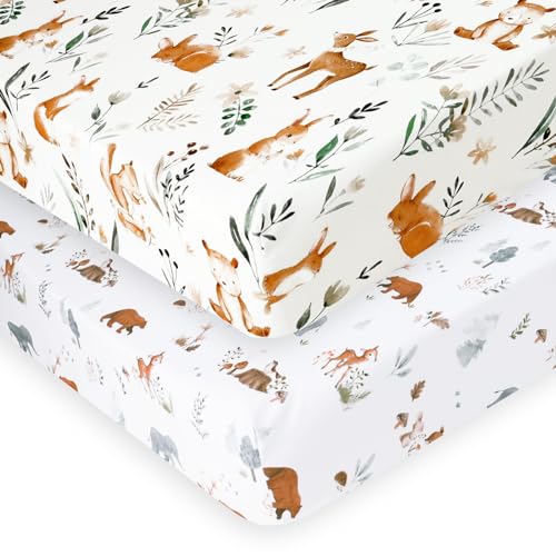 Image of PHF Soft Crib Sheet Fitted, 2 Pack Baby Sheets for Boys Girls, 28x52x9in Fits Standard Crib and Toddler Mattresses, Silky Comfy Breathable Polyester Baby Mattress Sheets, Woodland