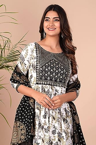 Image of MANHAREE | Women's Rayon Printed Embroidered Anarkali Kurta with Pant & Dupatta Set