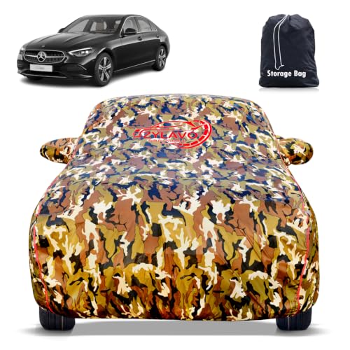 Image of Premium Car Cover for Mercedes C Class Model | Waterproof, UV & Dust Protection | Mirror & Antenna Pocket | Triple Stitched, Soft Inner Lining, Belt & Buckle (Jungle Print)