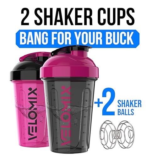 Image of VELOMIX -2 Pack- 20 oz Protein Shaker Bottles for Protein Mixes - 2x Wire Whisk | Leak Proof Shaker Cups for Protein Shakes and Pre Workout | Protein Shaker Bottle Pack (A6) Black /Pink