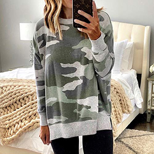 Ecowish Women's Camouflage Print Casual Leopard Pullover Long Sleeve Sweatshirts Top Blouse 017 Gray Green Small #TOP1
