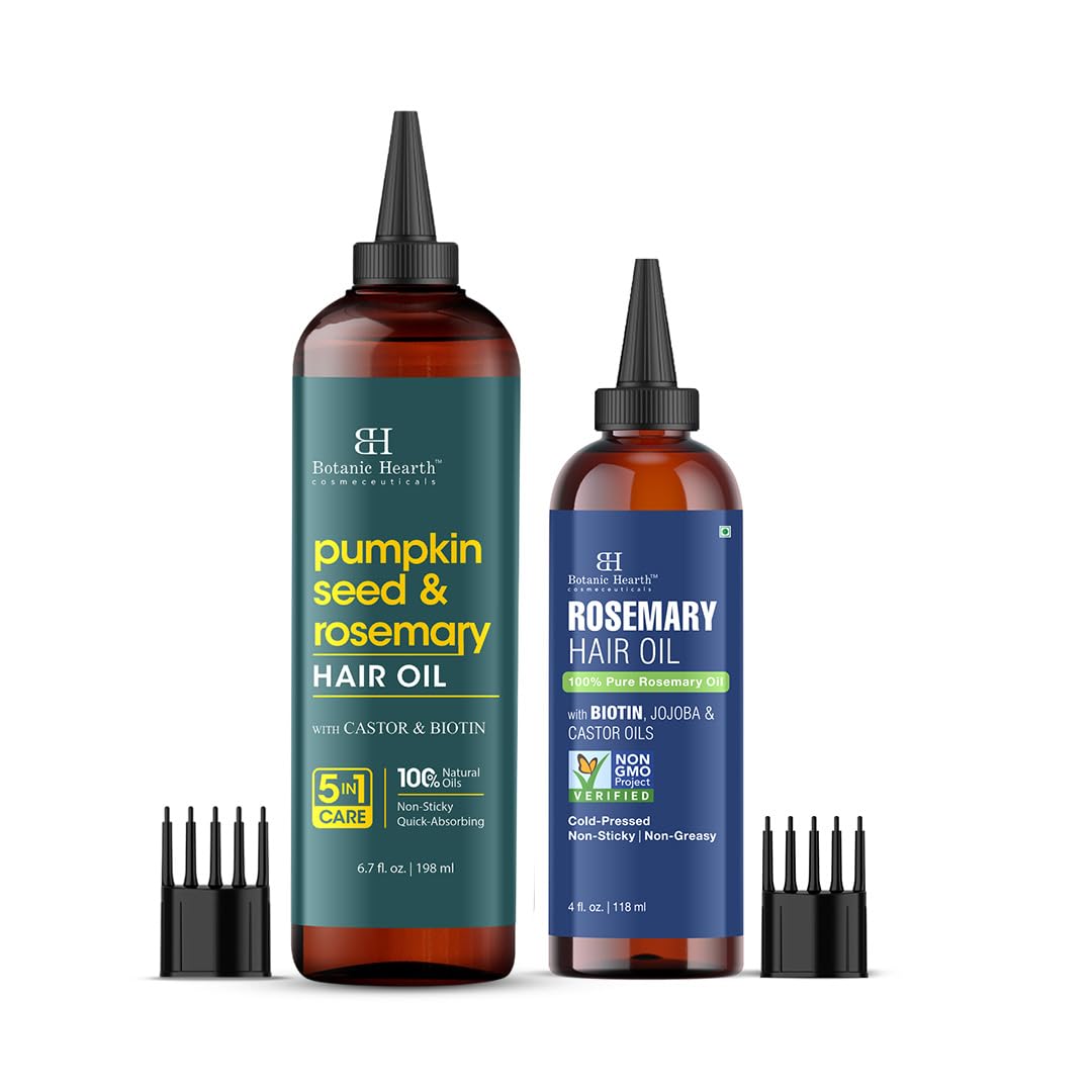 Botanic Hearth Oil Combo with Rosemary & Pumpkin Hair Oil 6.7 fl oz & Rosemary Hair Oil 4 fl oz | Supports Hair Growth & Scalp Care | Strengthens Dry, Frizzy & Damaged Hair | All Hair Types