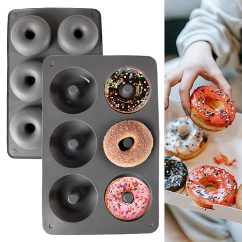 2 PCS Donut Mould, Doughnut Mould 6 Cavity Non-Stick Silicone Baking Trays Food Grade Silicone Baking Moulds Silicone Moulds for Donut Baking Pan (Grey)