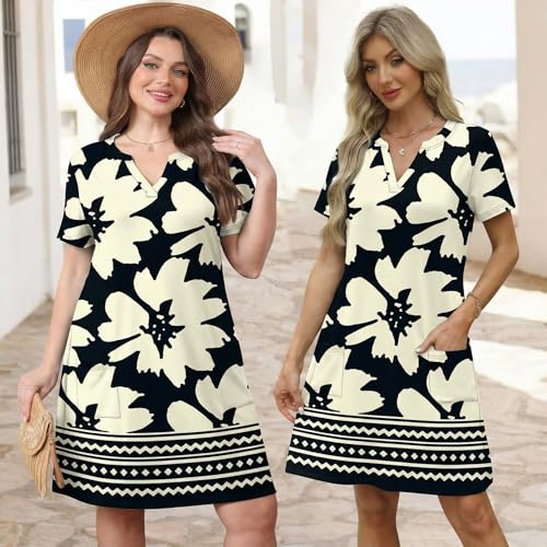 Image of WIHOLL Summer Dresses for Women Casual V Neck Wedding Guest Dress Hawaiian Midi Dress Fashion Beach Vacation Clothes