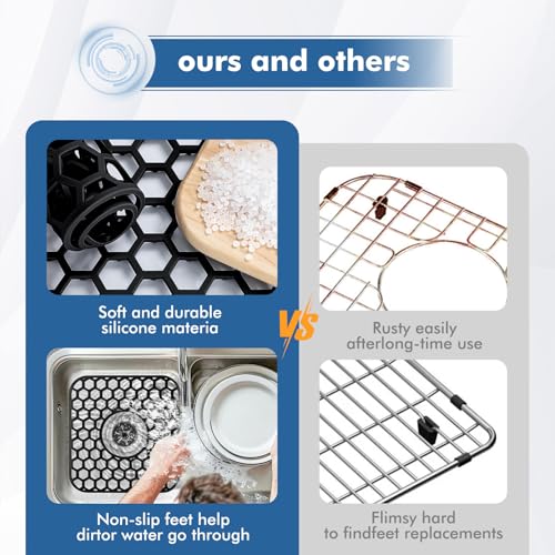 Bestjing 2 Pack Silicone Sink Protectors for Kitchen Sink - 12\" x 11\" Kitchen Sink Grid Accessory, Non-Slip Heat-Resistant Mat for Bottom of Porcelain Stainless Steel, Dishwasher Safe (Black)