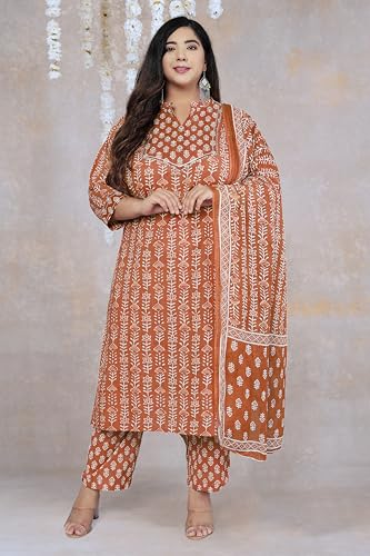 Image of MIRCHI FASHION Pure Cotton Plus Size Straight Kurta Set with Dupatta | 3 Piece Summer Ethnic Kurta Pant Set | Office Wear Salwar Suit for Women