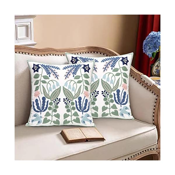 Pack of 2 embroidered decorative throw pillow cover 18×18 inch farmhouse floral pillowcase for living room sofa bed bird flower  urban country home decor