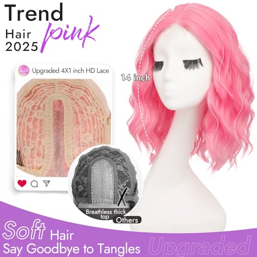 Image of Eawwii Wigs for Women Pink,Short Wavy Synthetic Lace Wig | Glueless 4x1 Lace Hairline, Heat-Resistant Fiber,Bob Wave Style,Natural Appearance for Everyday Cosplay 14 Inch