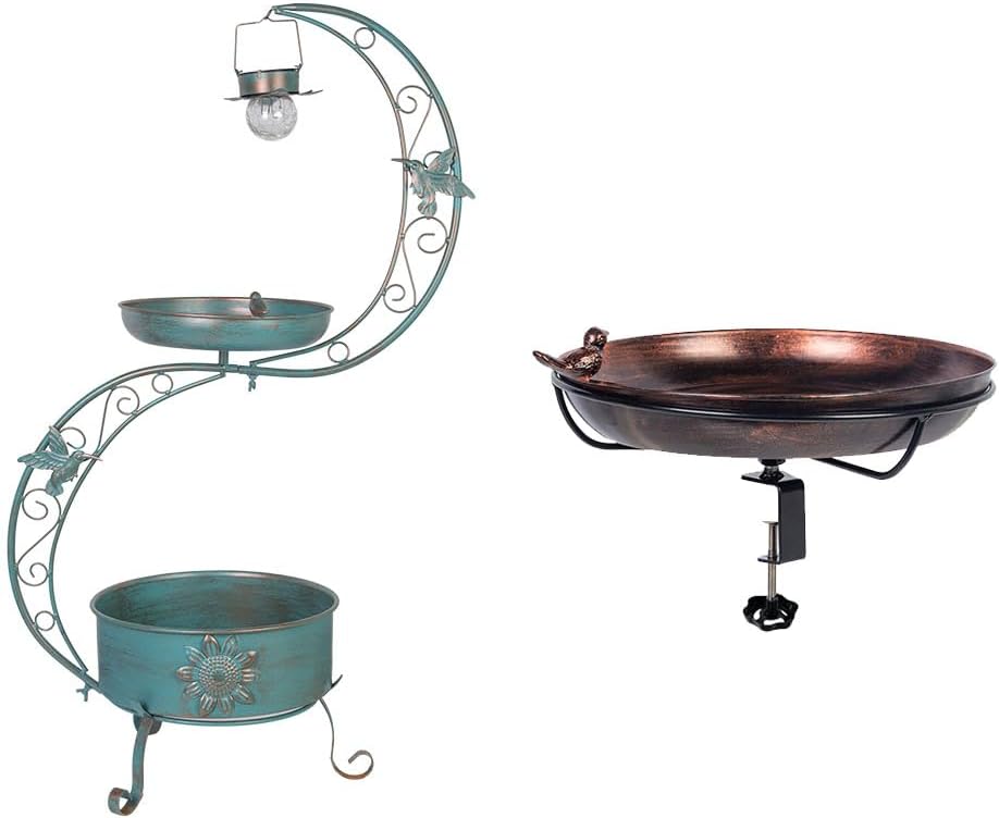 DREAMSOUL 36" Bird Bath with Flower Planter Pedestal + Deck Mounted Bird Bath with Adjustable Sturdy Metal Clamp, for Garden Yard Patio Lawn Decor