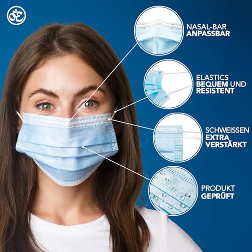 S&S-Medical 100 stuck Masken IIR 3-lagige Einwegmasken CE 98% surgical mask zertifizierte medizinisches Gerät atmungsaktiv geeignet für empfindliche Haut hellblaue Farbe