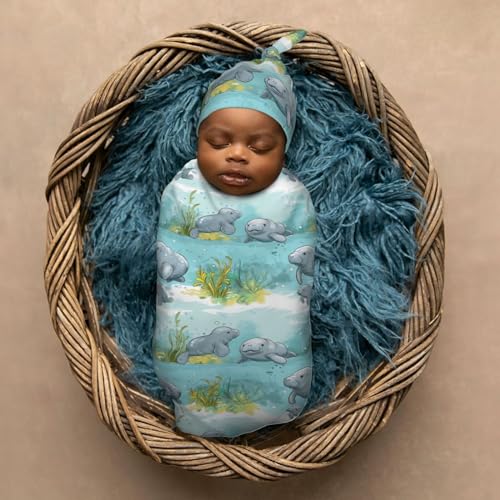 Image of Ocean Florida Manatee Newborn Swaddle Blankets Hat Sets Soft Baby Receiving Blanket Swaddle Sack for Baby Shower Infant Boy Girl Gift