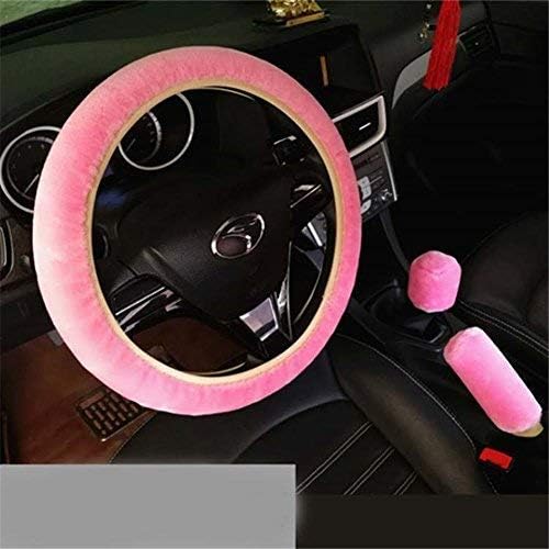 FUNY 1 Set 3 Pcs Winter Warm Non-Slip Plush Steering Wheel Cover Handbrake Cover Gear Shift Cover Car Decoration 14.96"x 14.96" (Pink)