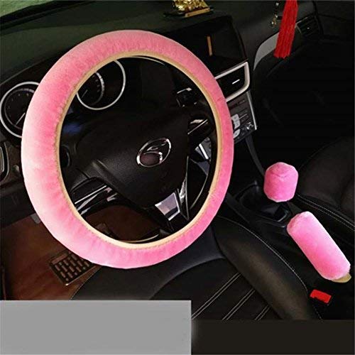 Funy 1 Set 3 Pcs Winter Warm Non-Slip Plush Steering Wheel Cover Handbrake Cover Gear Shift Cover Car Decoration 14.96"X 14.96" (Pink) #TOP1