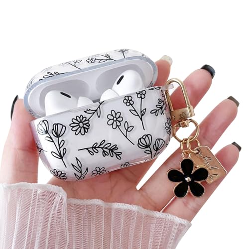 Image of MINSCOSE Compatible with AirPods Pro 2 Clear Case,Cute Flower Floral Aesthetic Design with Flowers Keychain, Soft TPU Protective Shockproof Case for Women Girl for Airpod Pro 2-Black