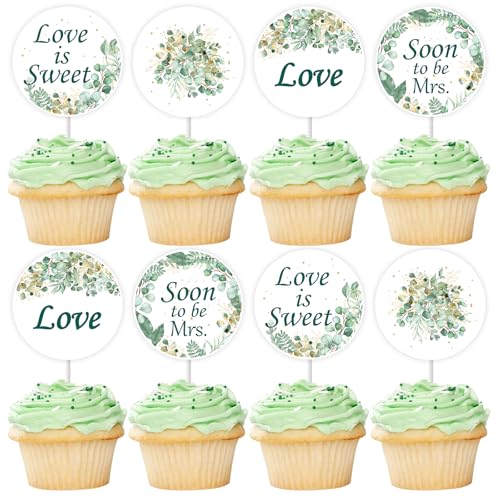 JOYMEMO 24Pcs Greenery Bridal Shower Cupcake Toppers, Love is Sweet with Soon to be Mrs Sage Green Leaf Printed Cupcake Picks for Women Girls Wedding Engagement Bridal Bachelorette Party