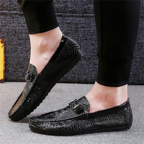 Men's Crocodile Embossed Leather Loafers Comfortable Flat Sole Dress Shoes for Business Casual Driving Daily Wear (Black,8.5)4