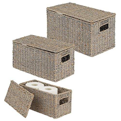 Mdesign Natural Woven Seagrass Closet Storage Organizer Basket Bin With Removeable Lids To Use In Closet, Bedroom, Bathroom, Entryway, Office - Set Of 3 - Gray Finish #TOP11