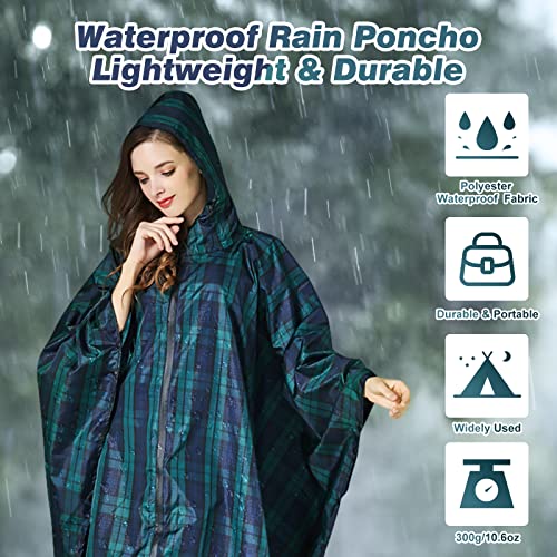 LAMA Mode Regenponcho Unisex Regenmantel Atmungsaktiv Regencape Leicht Regenjacke Regenschutzbekleidung Raincoat als Picknickdecke Sonnensegel für Herren Damen Wandern Camping Reisen, Grün kariert