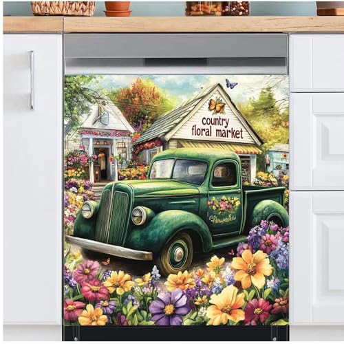 Country Floral Market Magnetic Dishwasher Cover Kitchen Decor Blue Truck Magnet Dishwasher Front Cover Colorful Flowers Vinyl Sticker Refrigerator Door Panel Decal Home Appliances 23x26 Inch Magnetic