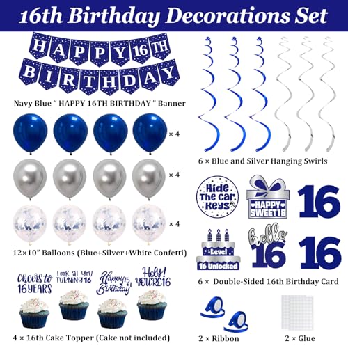 Image of 16th Birthday Decorations for Boys Girls, Blue Silver Sweet 16th Birthday Party Decorations, Happy 16th Birthday Backdrop, Banner, Balloons, Pompoms, Hanging Swirls, Birthday Card, Cake Topper 54pcs