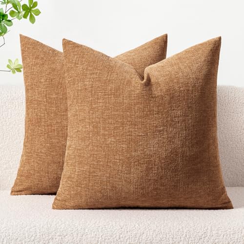 Image of MIULEE Pack of 2 Brown Throw Pillow Covers 18x18 Inch Soft Chenille Pillow Covers for Sofa Living Room Couch Solid Dyed Cases