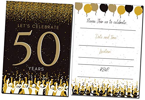 Elcer 50Th Birthday Party Invitations| 50 Years | Happy 50 Anniversary | Black And Gold | Confetti Streamers Party Invitations | Fill In Style | 20 Count With Envelopes | Surprise Party (Black) #TOP4
