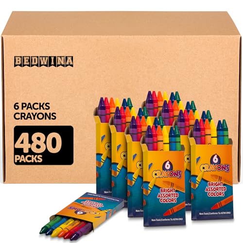 Image of Bedwina Bulk Crayons Case of 480 6-packs Total 2880 Color Crayon Bulk School Supplies For Kids & Toddler, Teachers & Classroom, Nontoxic Travel Crayons Party Favors, Restaurants, Goody Bags Stuffers