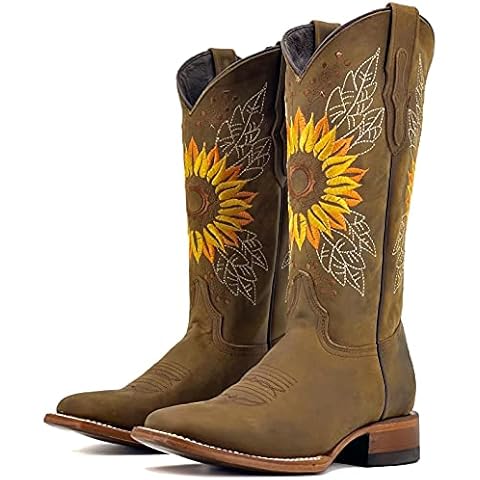 Furcross Women Sunflower Embroidery Western Cowboy Cowgirl Boots Square Toe Retro Mid Calf Boots Cover